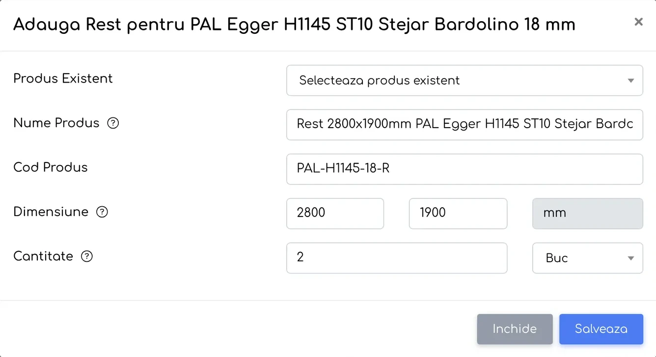 Adaugă rest pentru PAL Egger H1145: 2 bucăți de 2800 × 1900 mm